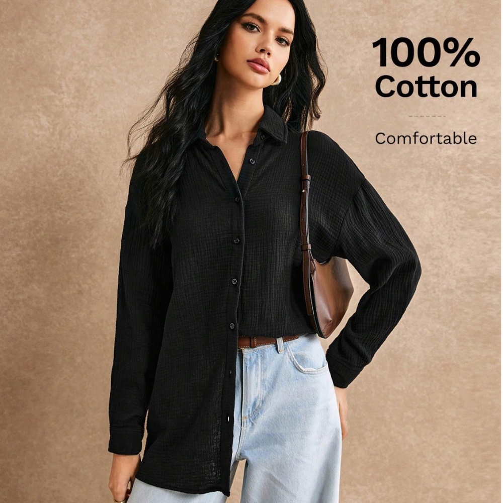Cotton Black Casual Shirt Button Down Up Long Sleeve